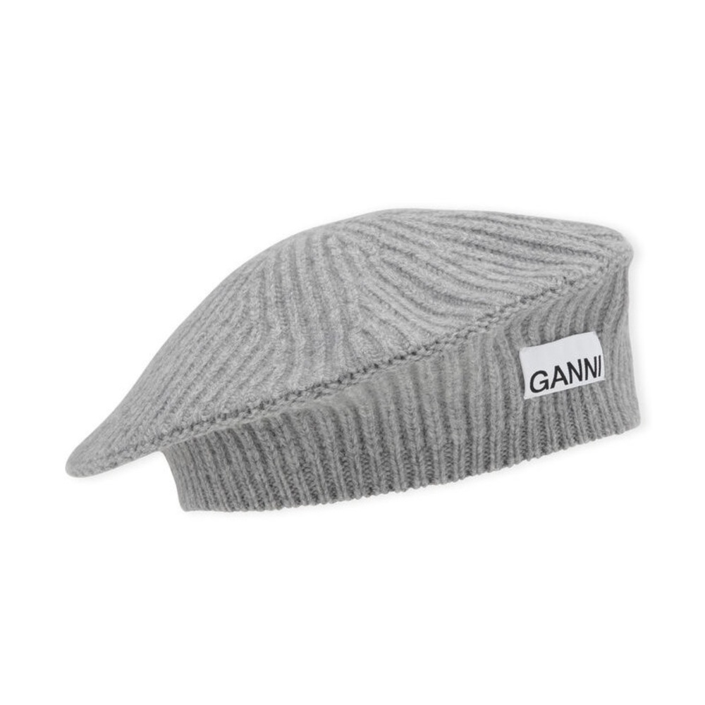 Ganni Gray Ribbed Knit Beret